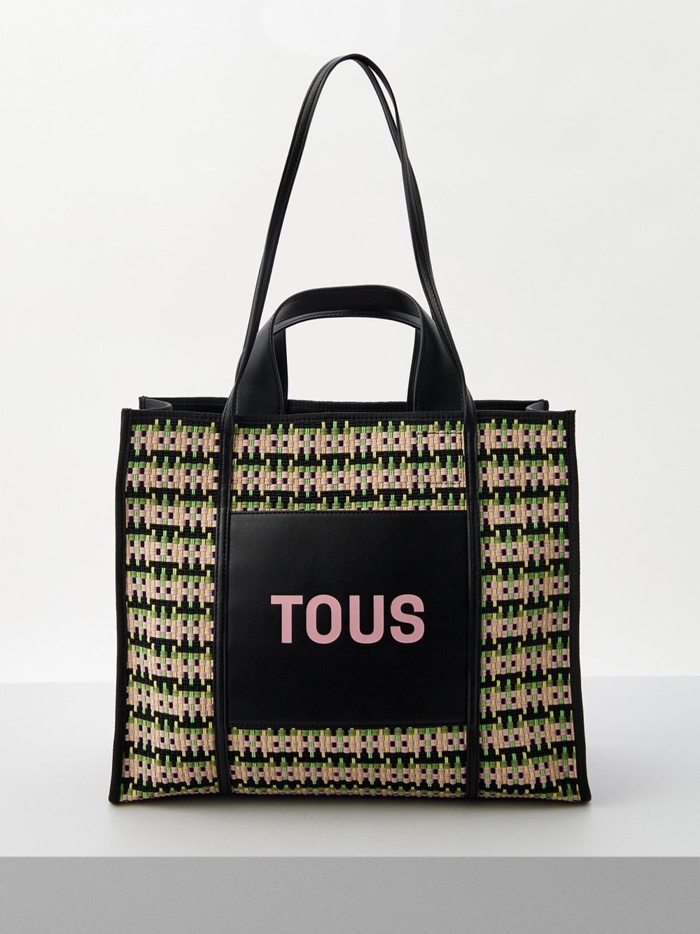 TOUS Woven Tote Bag Black Pink Green Large Shopper Shoulder Bag